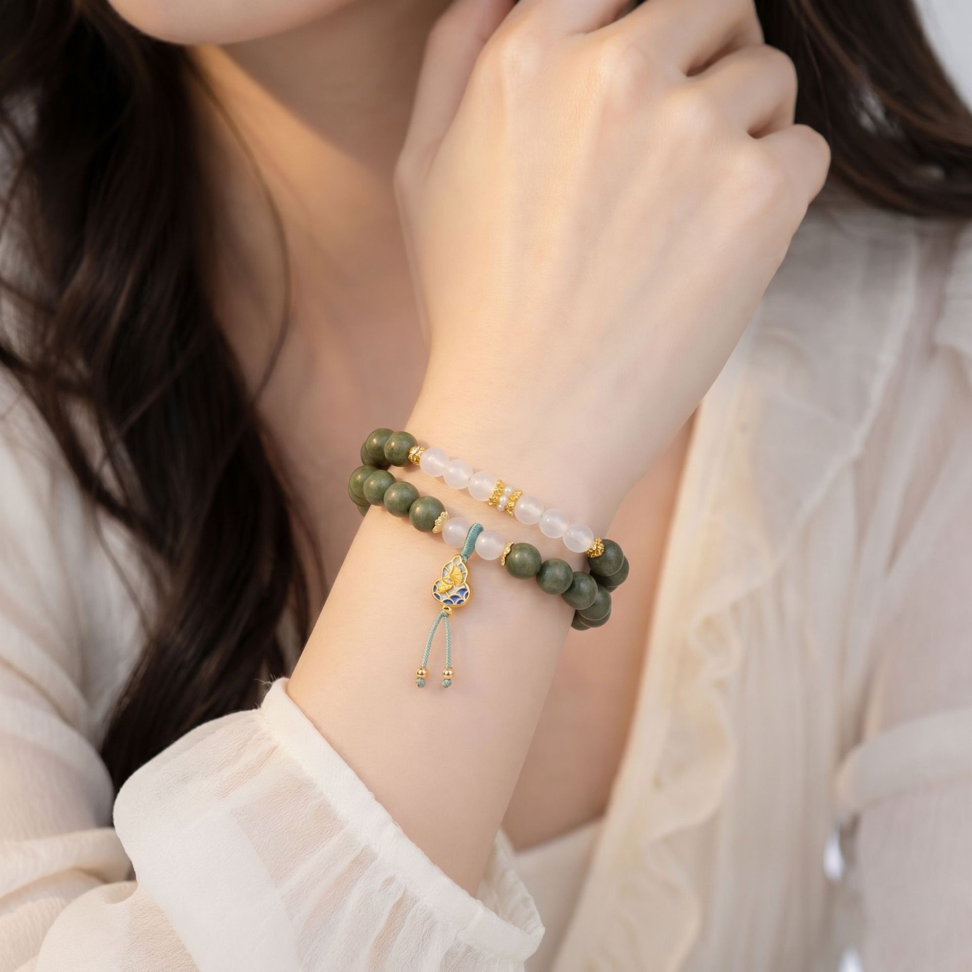 mugwort herbal aroma double wrap bracelet with white agate & gourd charm mugwort herbal aroma double wrap bracelet with white agate & gourd charm