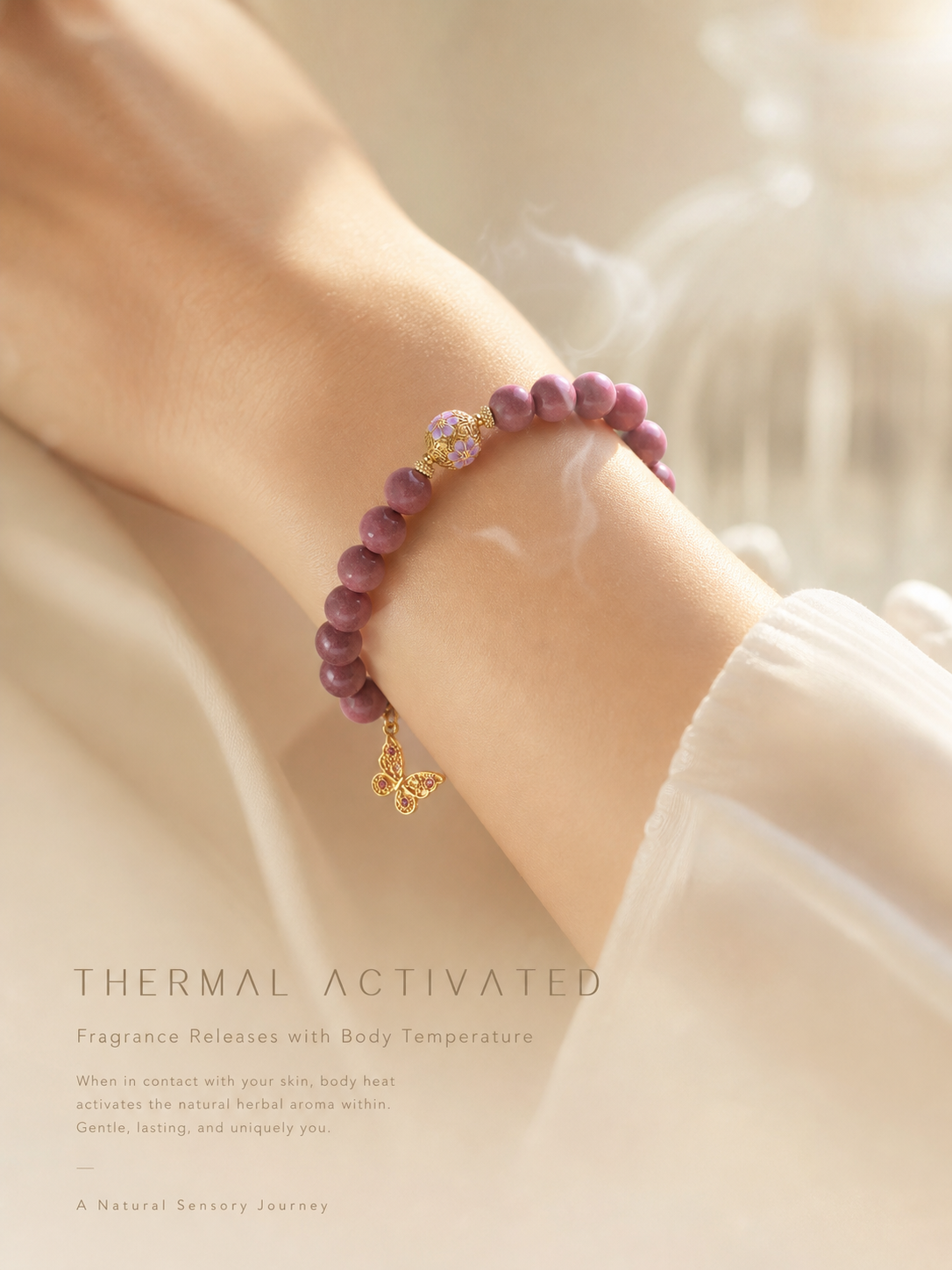heat activated natural scent bead bracelet with amethyst & butterfly charm heat activated natural scent bead bracelet with amethyst & butterfly charm