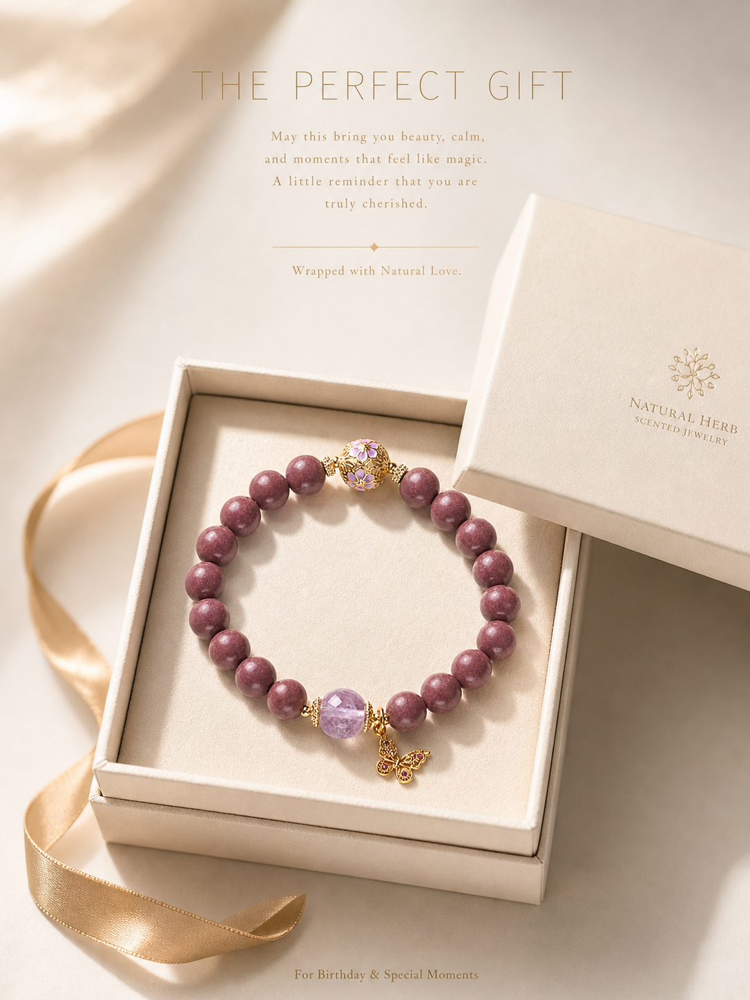 heat activated natural scent bead bracelet with amethyst & butterfly charm heat activated natural scent bead bracelet with amethyst & butterfly charm